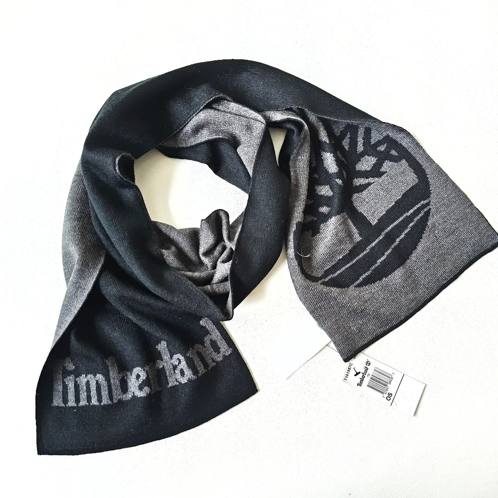 Timberland Reversible Logo Scarf Black Gray NWT